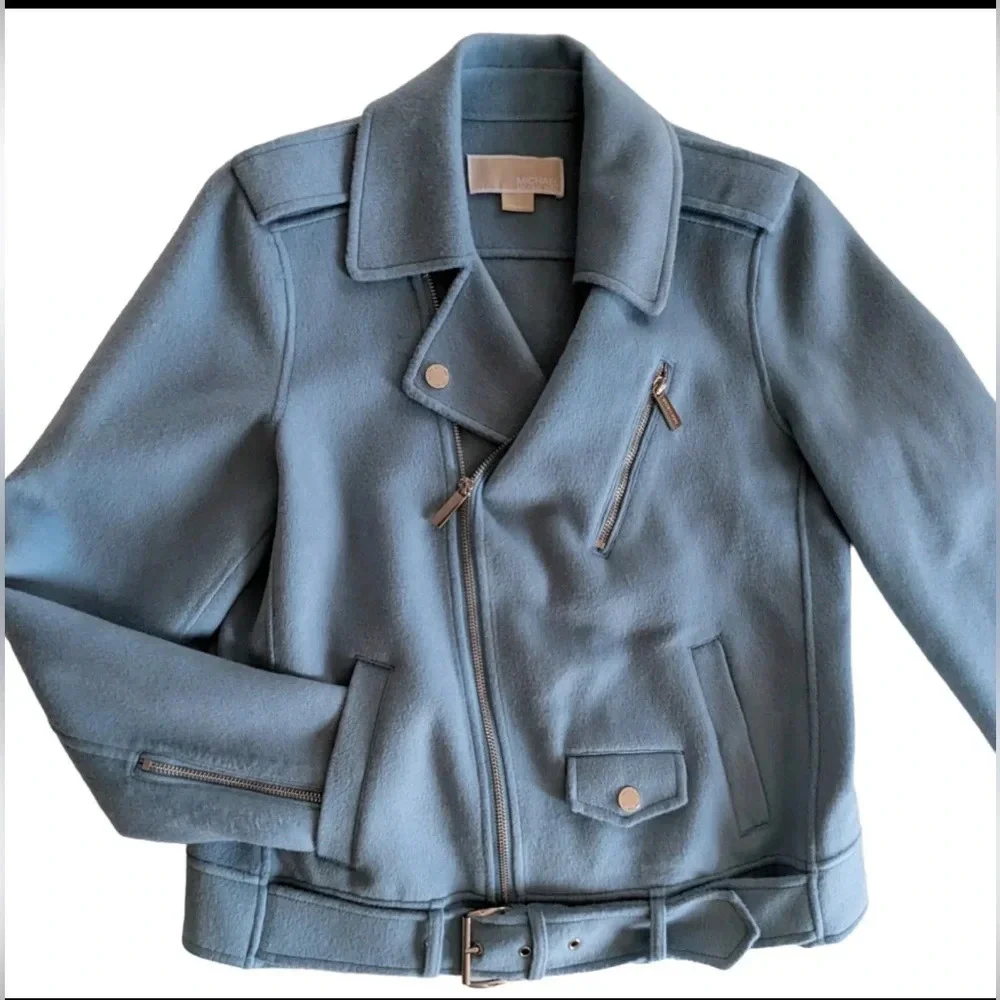 MICHAEL Michael Kors, Blue Wool Moto Jacket, Size Medium - Picture 3 of 8